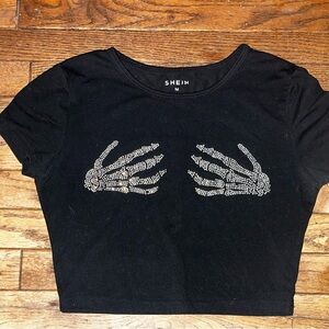 SHEIN Black Graphic Skeleton Hand Crop Tee Short Sleeve